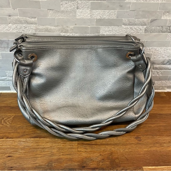 Rosetti Silver Metallic Satchel Shoulder Bag Faux Leather Braided Straps - Picture 2 of 14